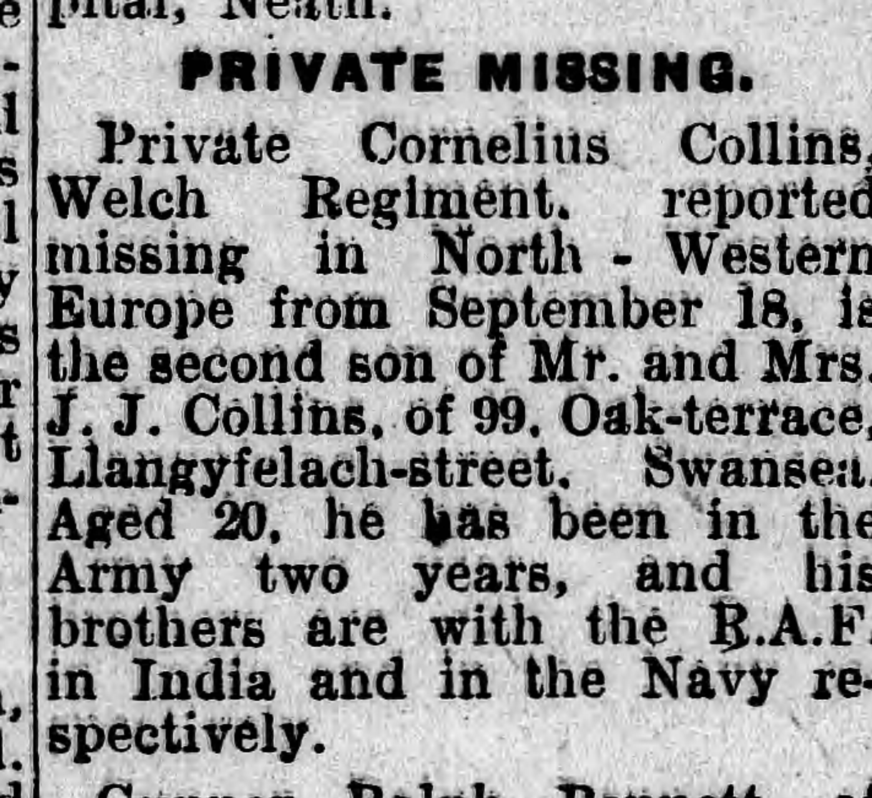 Newspaper report of Private Cornelius Collins missing in action, 1944